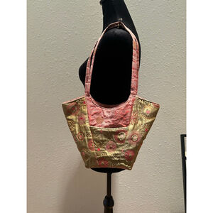 Women's Maruca Gold Pink Floral Embroidered Tote Bag 14 x 10